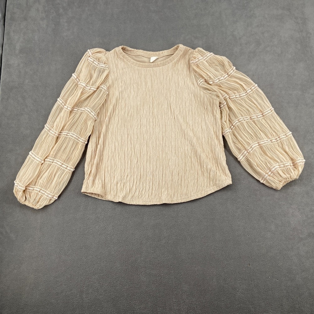 Mimi + Daphne Blouse Top Womens Medium Beige Stretch Crinkle Modern Puff‎ Sleeve